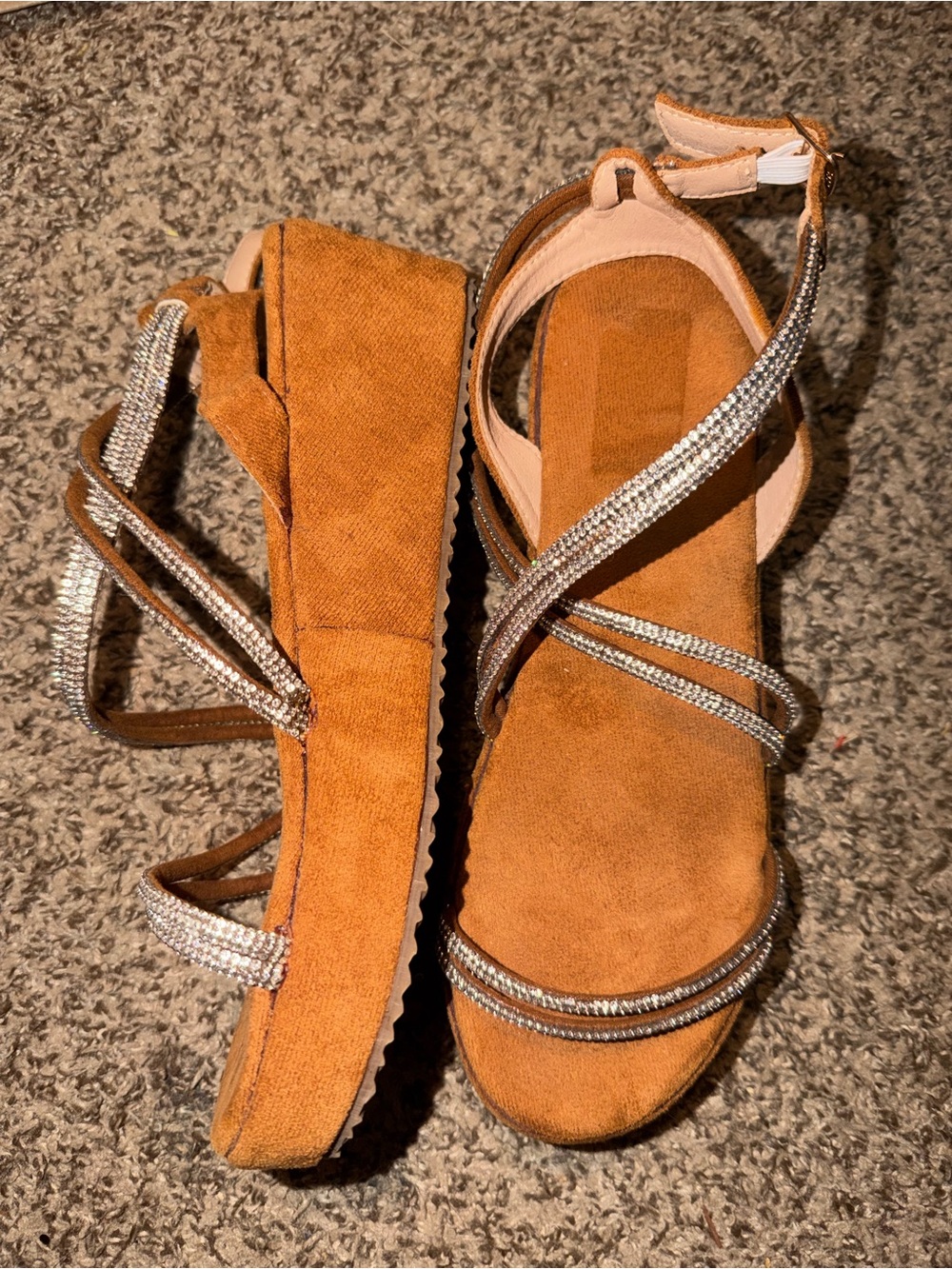 Sparkling Cognac Suede Platform Sandals with Rhinestone Straps
